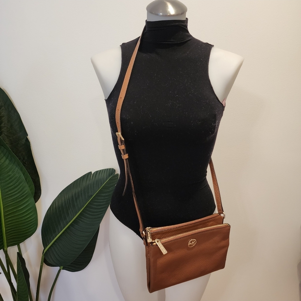 Genuine Michael Kors Fulton Leather Brown Crossbody Bag Purse Gold Minimalist